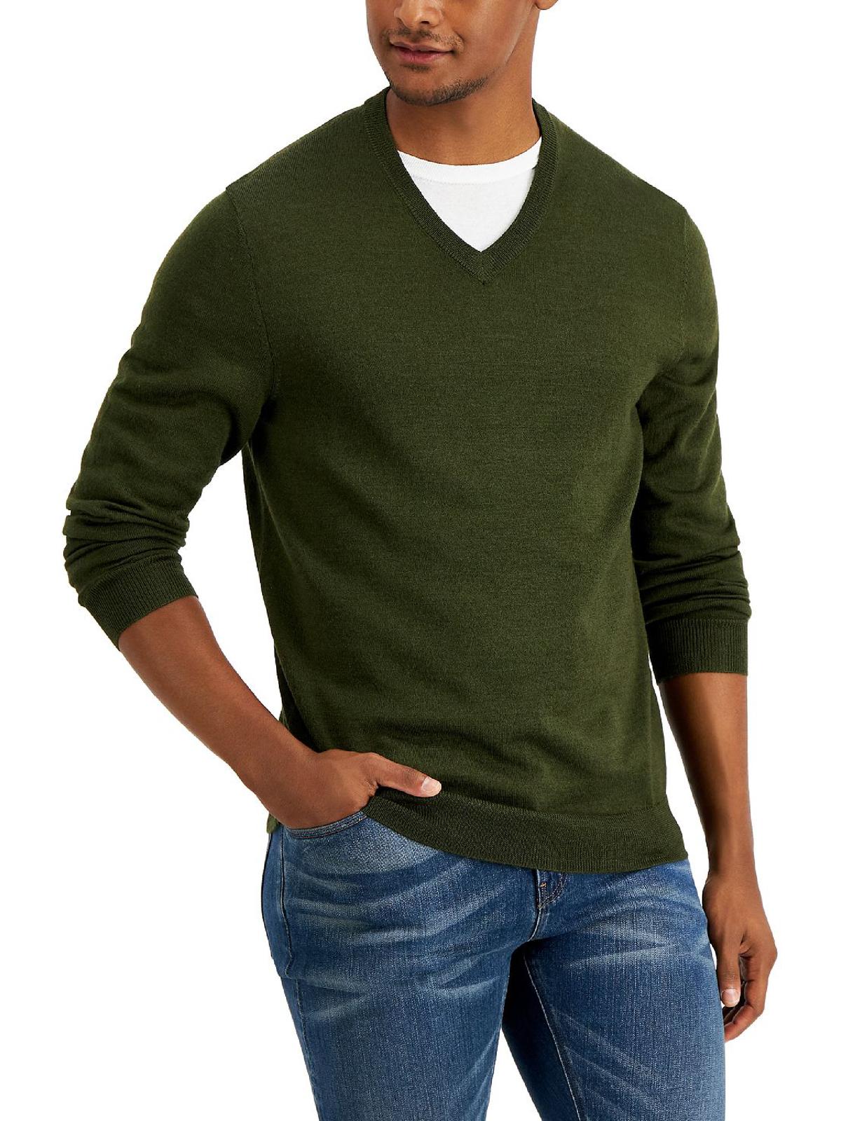 Suéter masculino Club Room com decote em V e mistura de lã merino, verde, tamanho XXG
