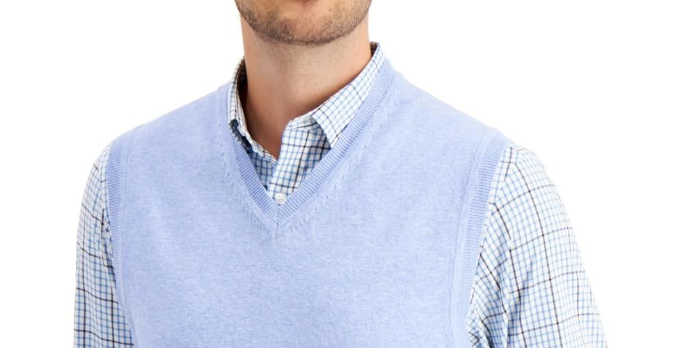 Colete masculino Club Room com decote em V liso, azul, tamanho XX-G