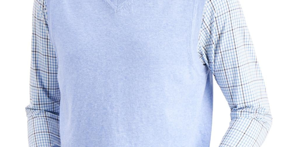 Colete masculino Club Room com decote em V liso, azul, tamanho XX-G