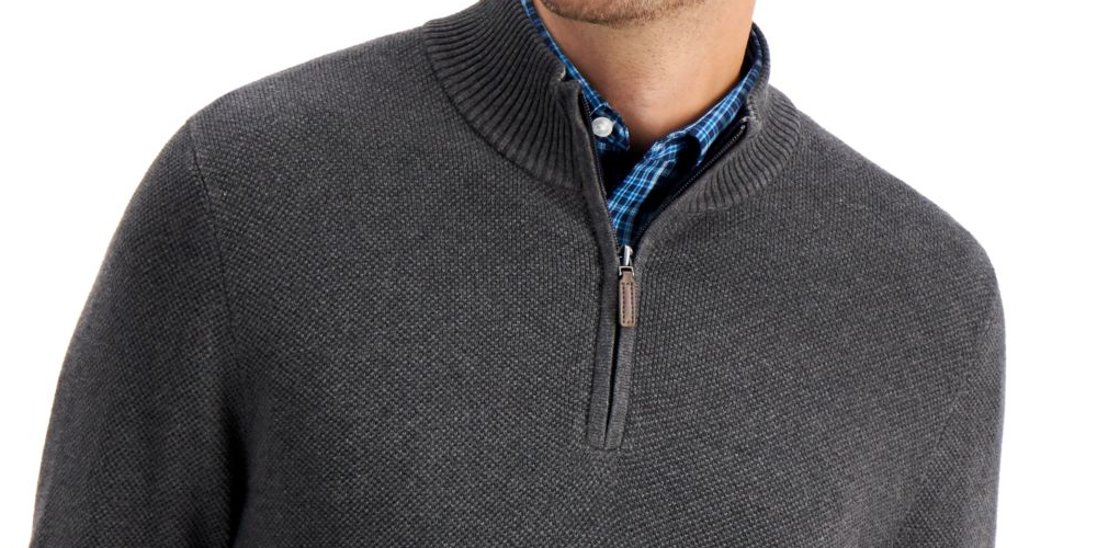 Suéter de algodão texturizado com zíper de um quarto masculino Club Room, cinza, tamanho extragrande