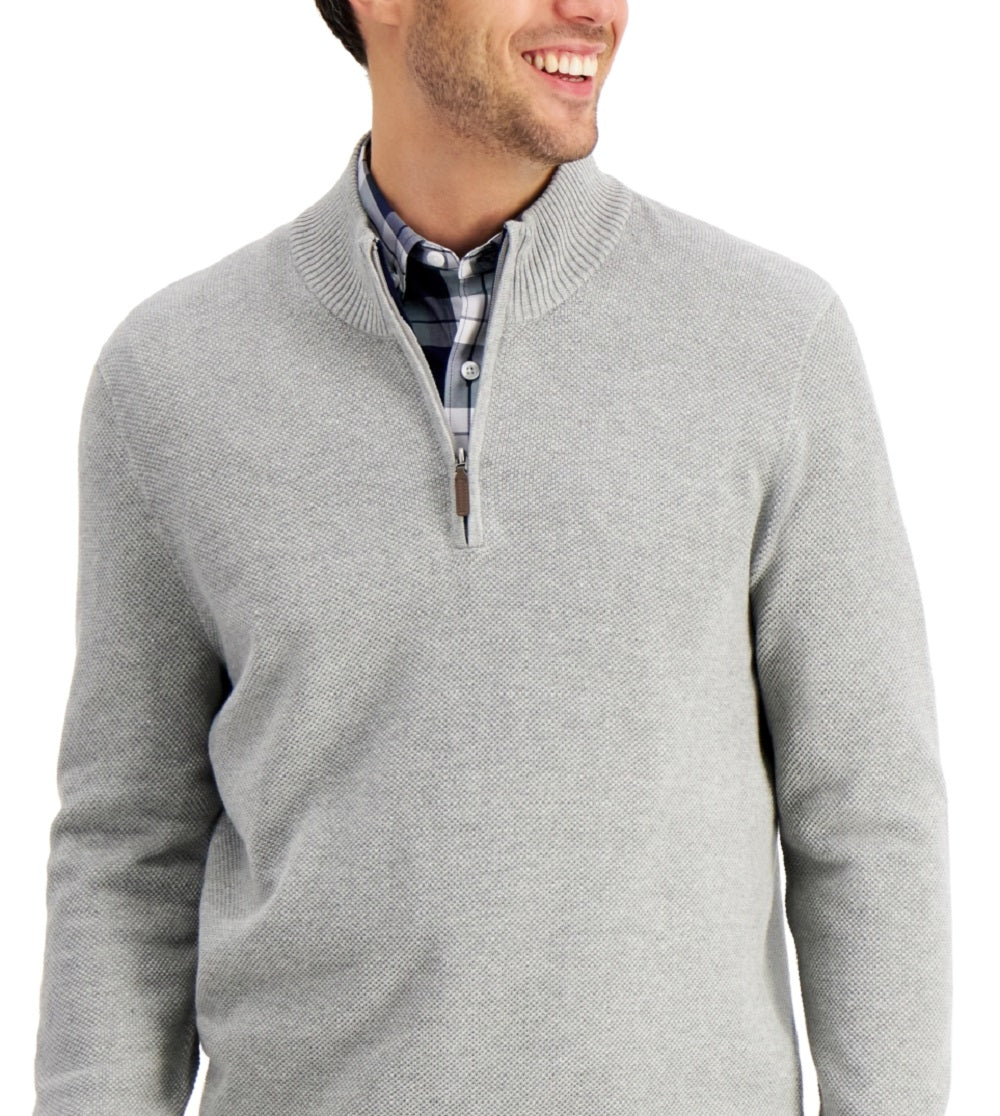 Suéter de algodão texturizado com zíper de um quarto masculino Club Room, cinza, tamanho médio