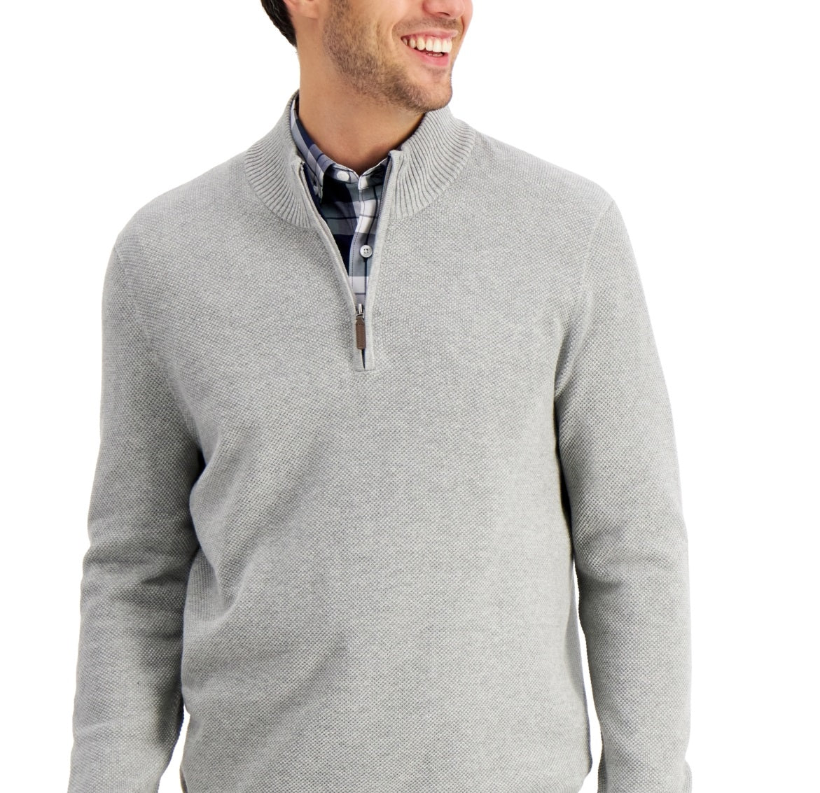 Suéter de algodão texturizado com zíper de um quarto masculino Club Room, cinza, tamanho grande