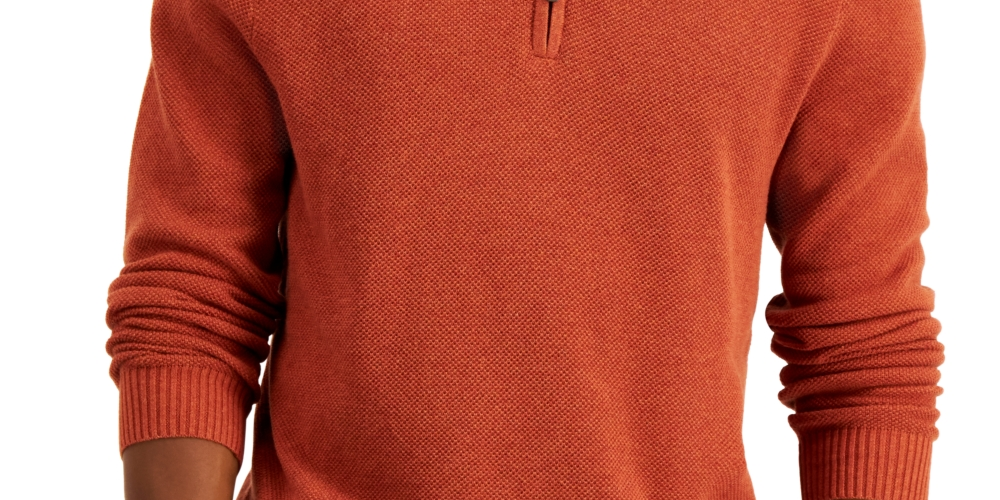 Suéter de algodão texturizado com zíper de um quarto masculino Club Room, laranja, tamanho médio