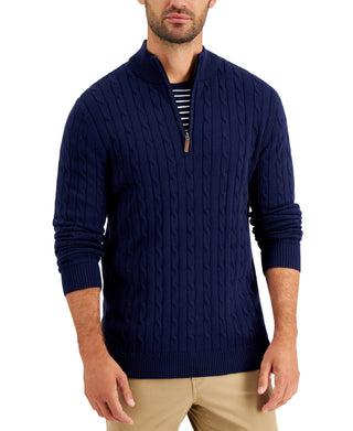 Club Room Men's Cable Knit Quarter Zip Cotton Sweater Blue Size Medium