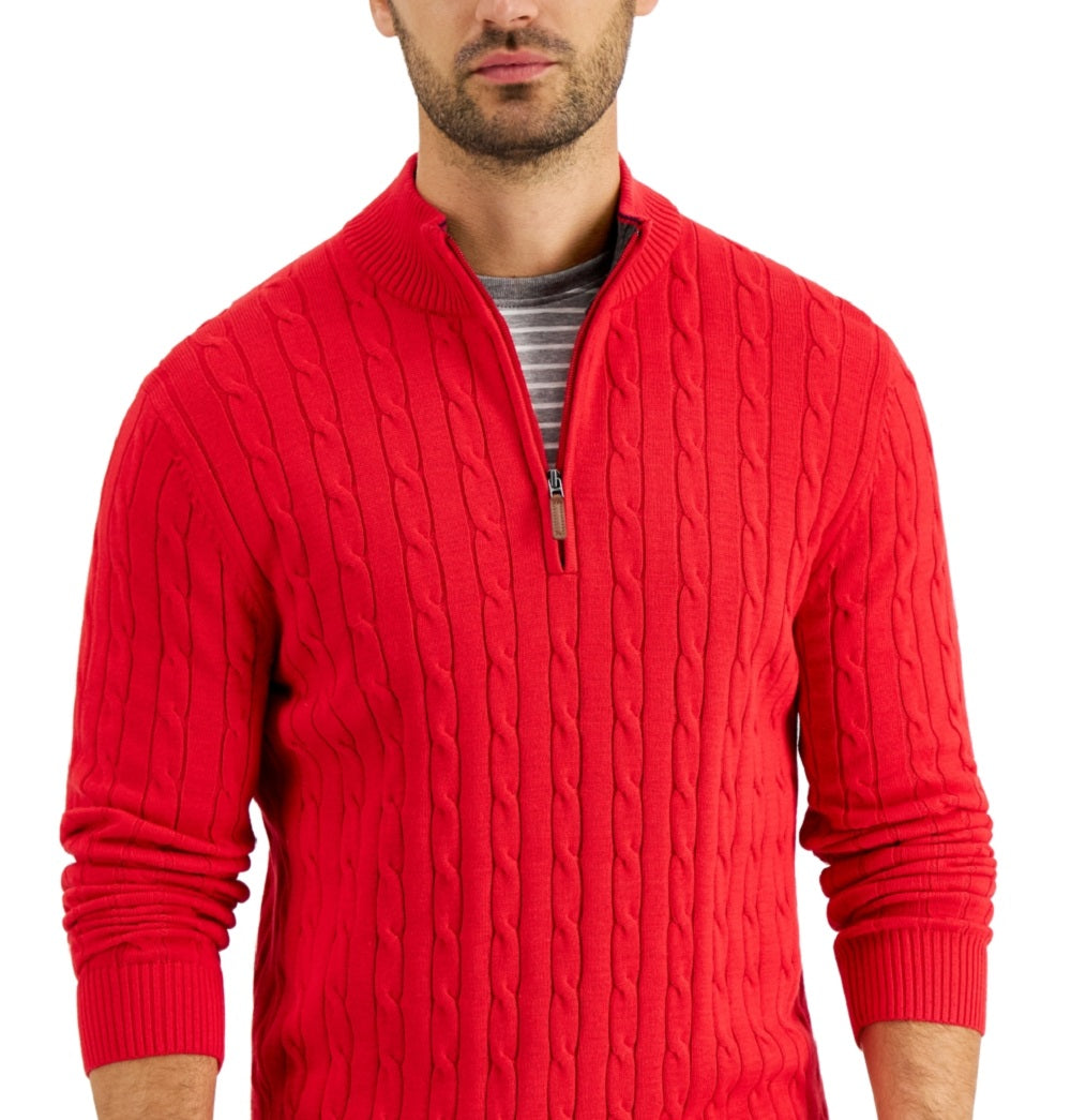 Suéter de algodão masculino Club Room, tricô com zíper e 1/4, vermelho, tamanho médio