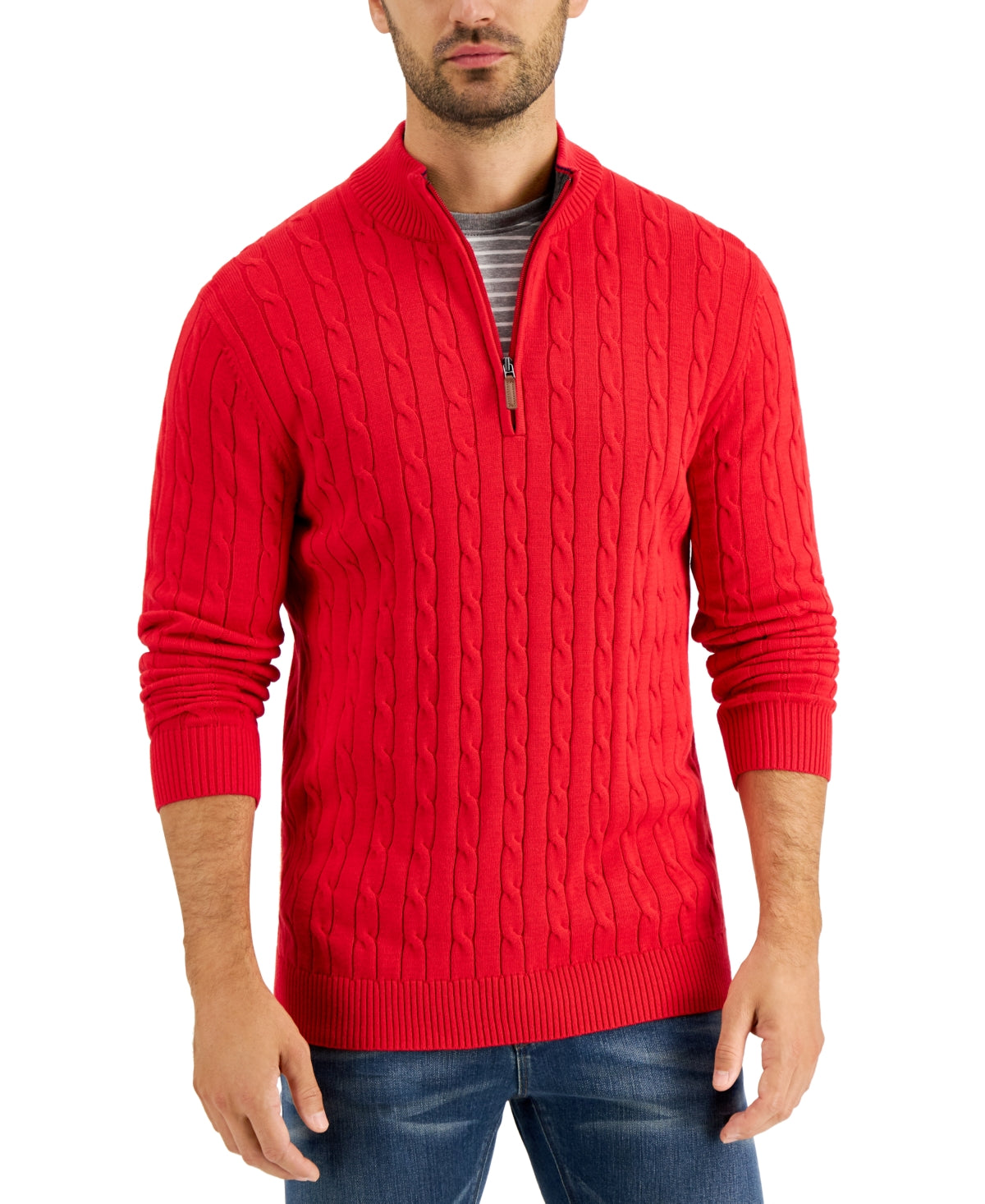 Suéter de algodão masculino Club Room, tricô com zíper e 1/4, vermelho, tamanho médio