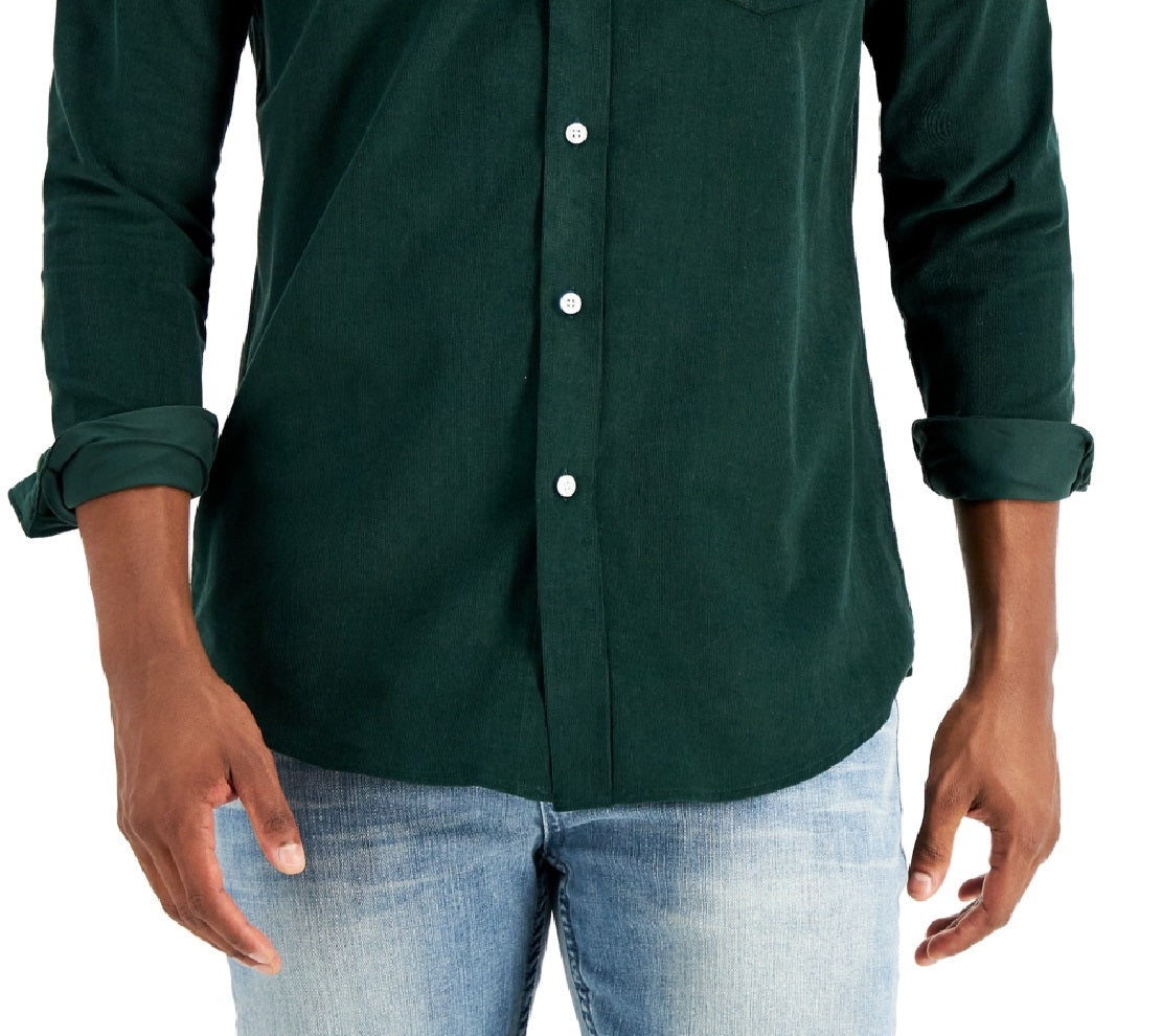 Camisa de veludo cotelê elástica masculina Club Room, tamanho regular, verde, tamanho extragrande