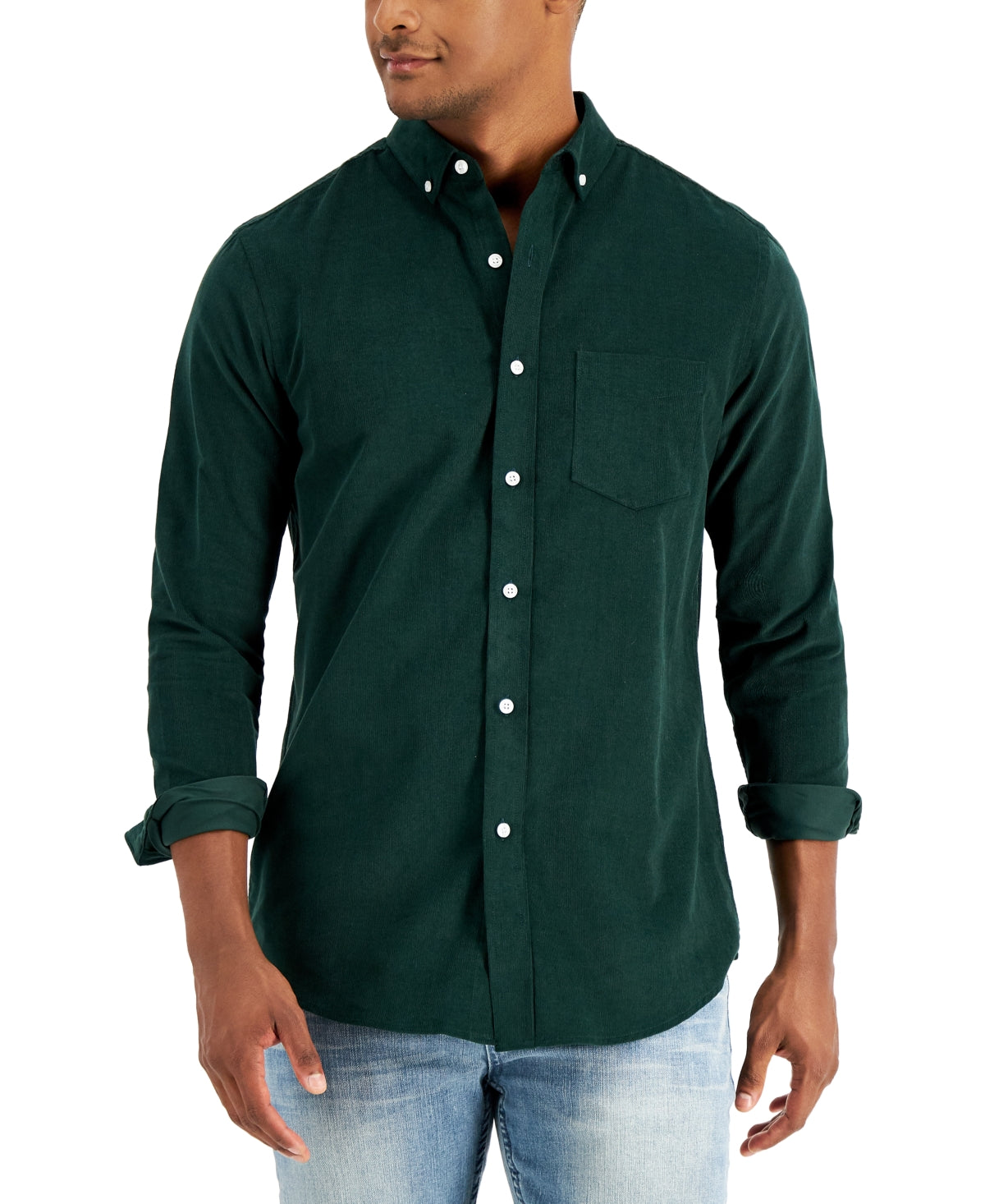 Camisa de veludo cotelê elástica masculina Club Room, tamanho regular, verde, tamanho extragrande