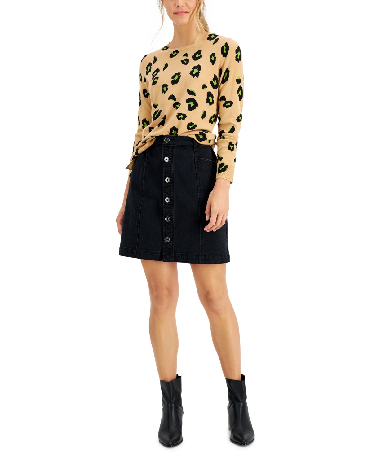 Saia jeans feminina com botões e botões, preta, tamanho 6, estilo &amp; co