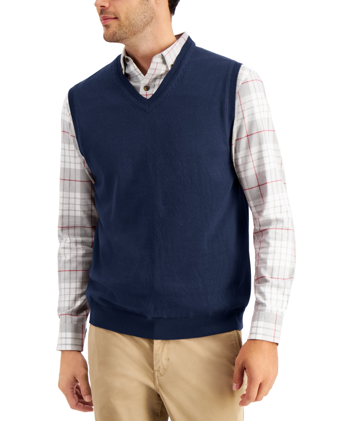 Colete masculino Club Room com decote em V e cor lisa, azul, tamanho médio