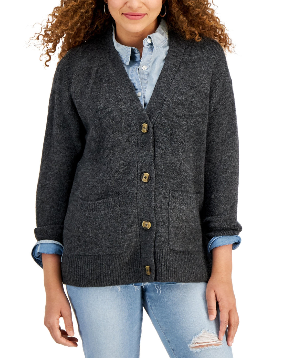 Cardigan feminino com bolso aplicado estilo &amp; co, cinza, tamanho pequeno grande