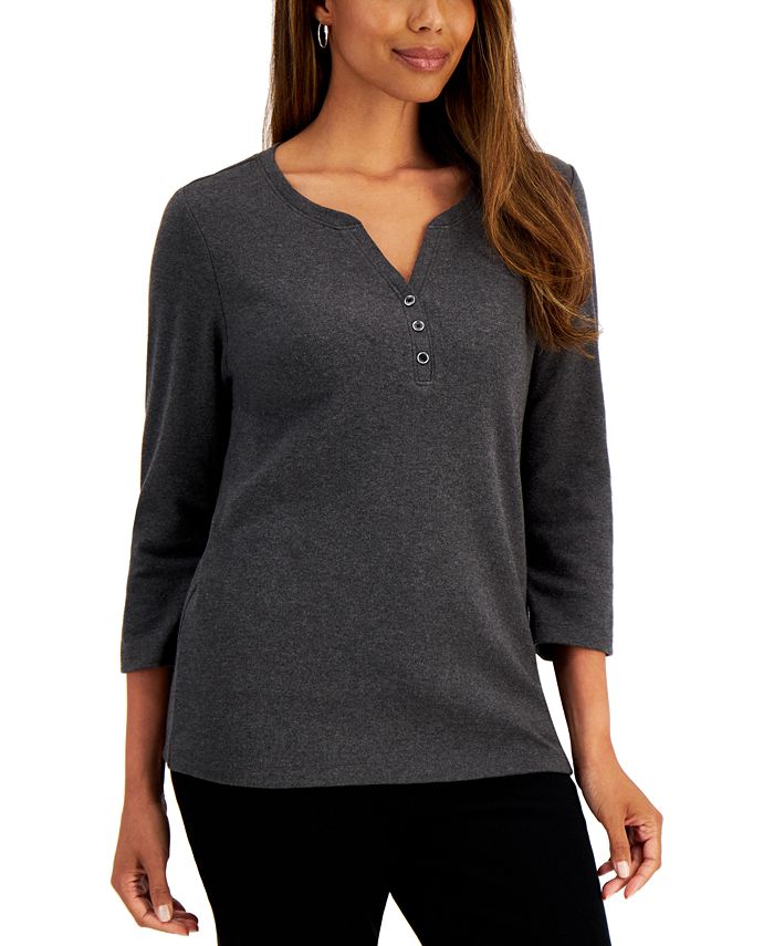 Karen Scott Top Henley de Algodão Feminino com Gola V Preto Tamanho Médio