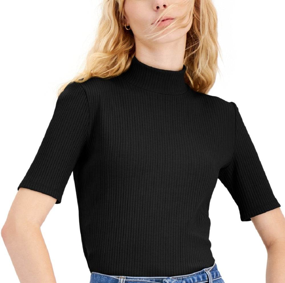 INC International Concepts Top de malha lisa com manga cotovelo e gola simulada, feminino, preto, tamanho médio