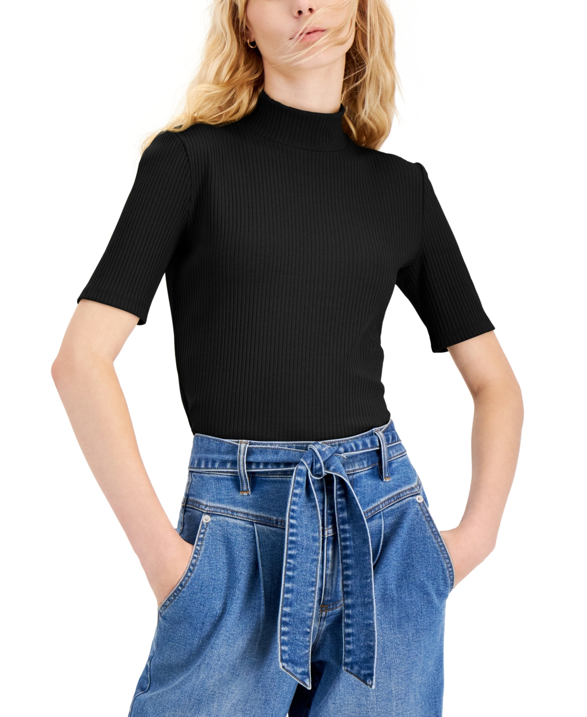 INC International Concepts Top de malha lisa com manga cotovelo e gola simulada, feminino, preto, tamanho médio
