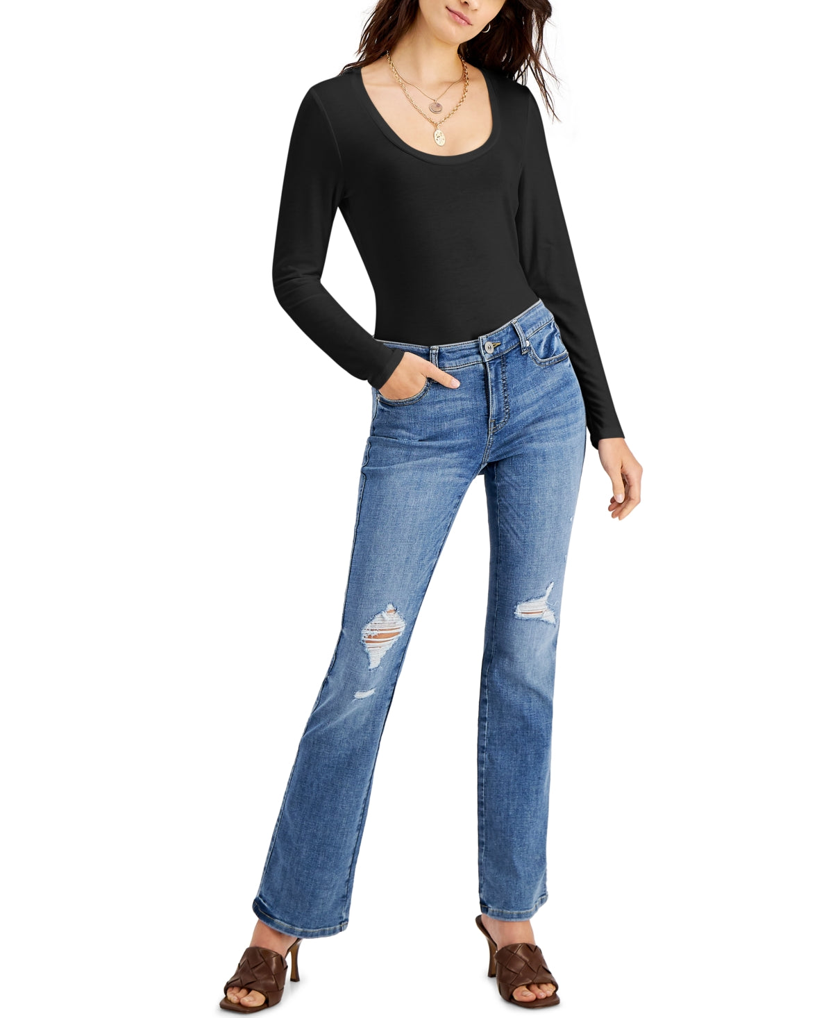 Blusa feminina com decote redondo da INC International Concepts, preta, tamanho grande