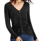Blusa feminina de manga comprida com detalhe de botão franzido da INC International Concepts, preta, tamanho pequeno