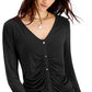 Blusa feminina de manga comprida com detalhe de botão franzido da INC International Concepts, preta, tamanho pequeno