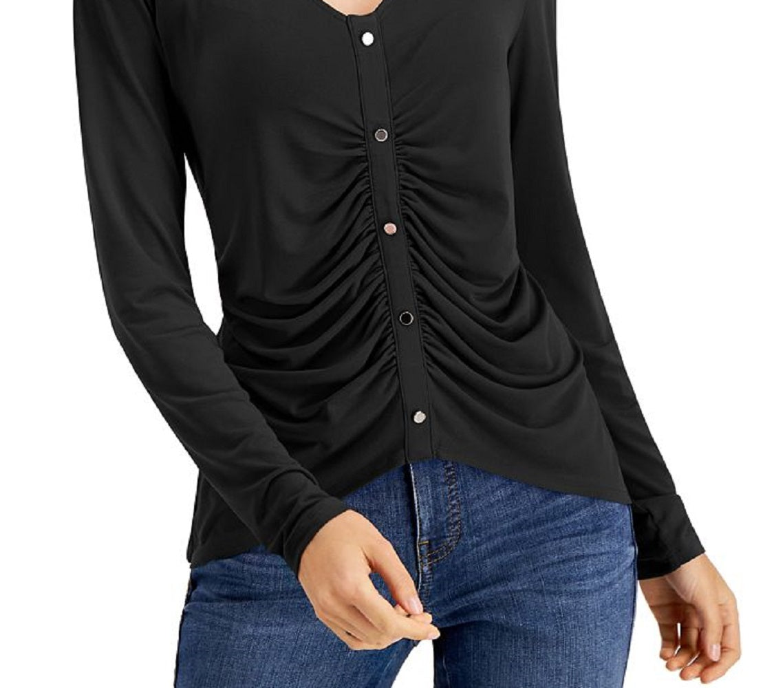 Blusa feminina de manga comprida com detalhe de botão franzido da INC International Concepts, preta, tamanho pequeno