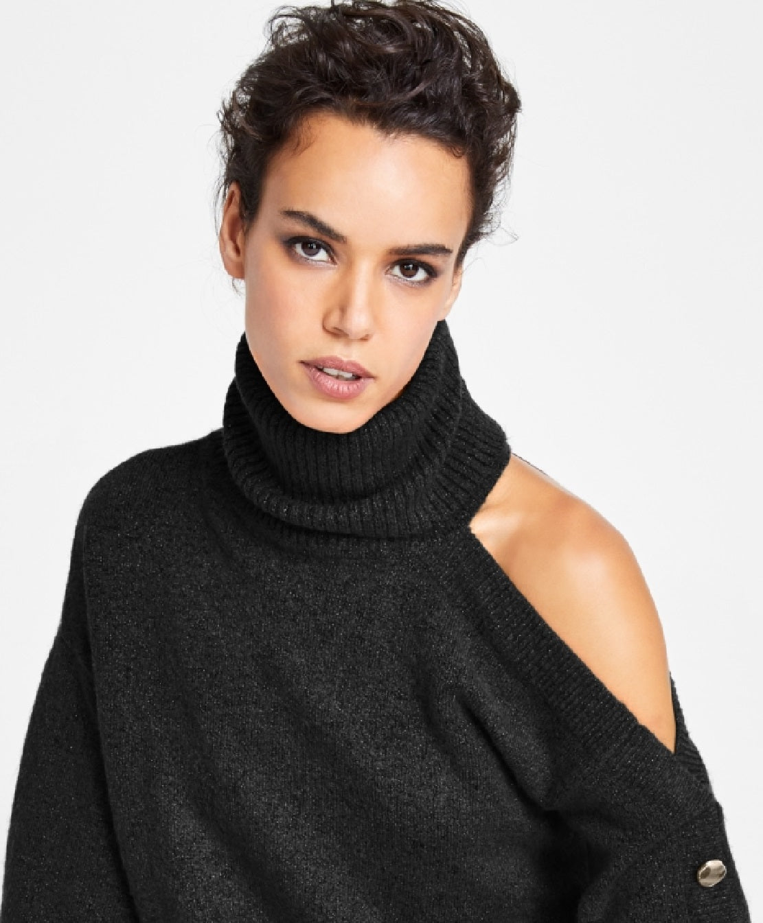 Suéter feminino de gola alta com ombros descobertos da INC International Concepts, preto, tamanho pequeno