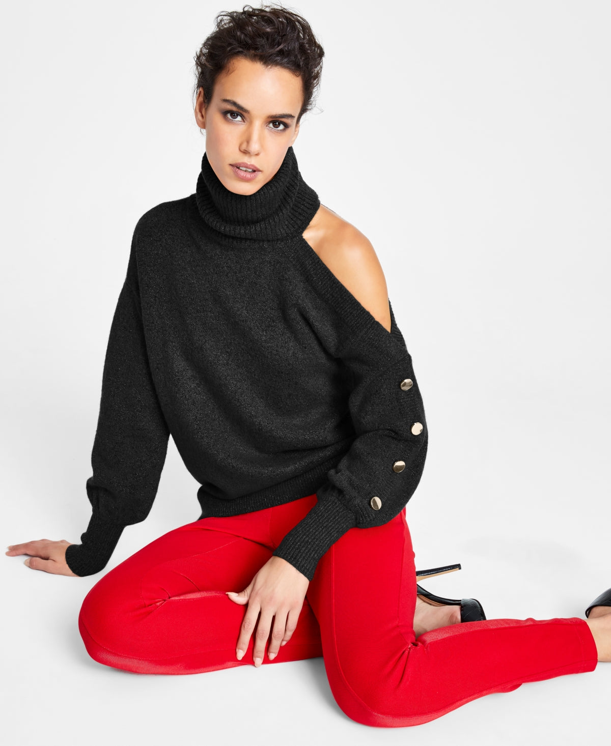 Suéter feminino de gola alta com ombros descobertos da INC International Concepts, preto, tamanho pequeno