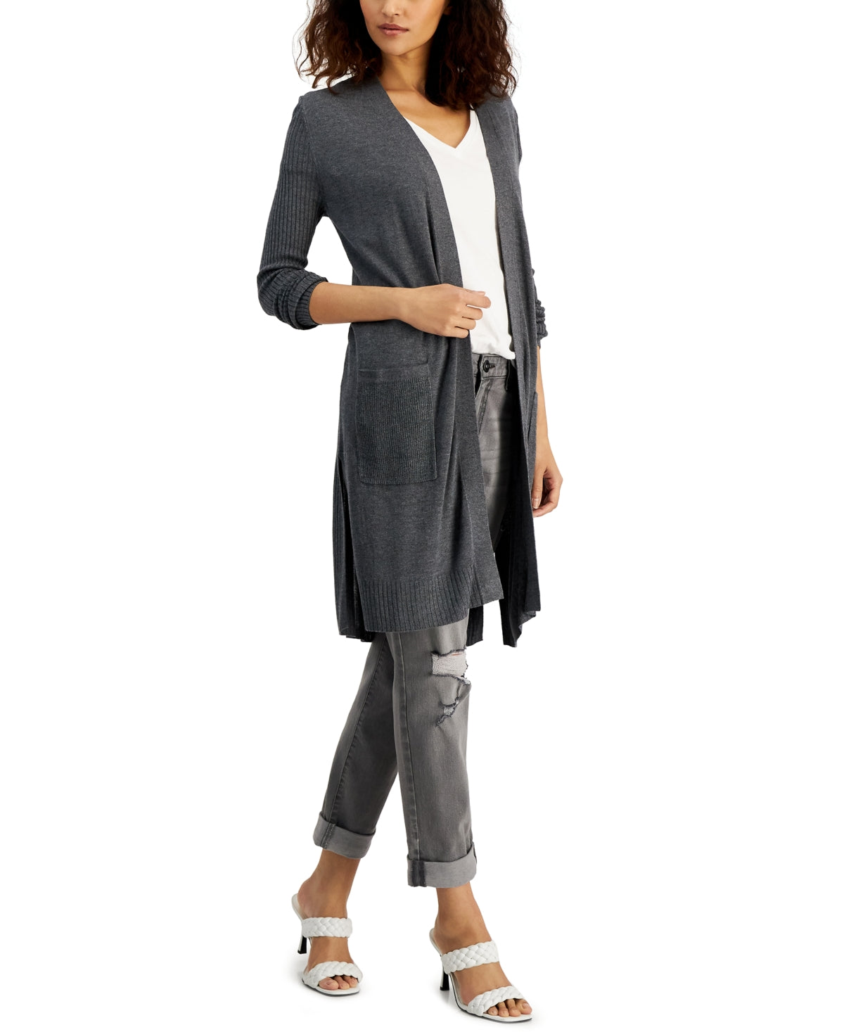 Cardigan Duster Canelado Feminino INC International Concepts Cinza Tamanho Médio