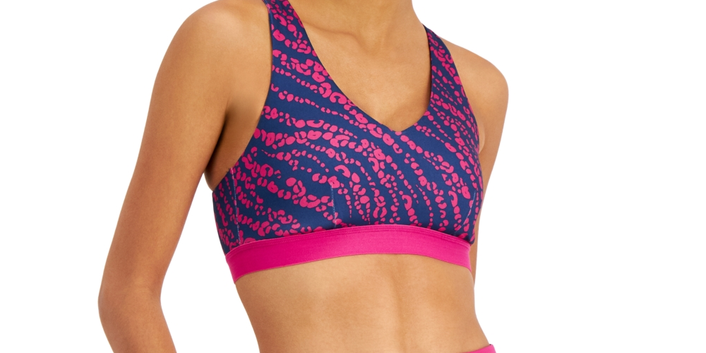 Sutiã esportivo feminino ID Ideology com estampa de chita e alças de impacto médio, roxo, tamanho XXL