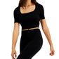 Blusa feminina Bar III com decote quadrado canelado, preta, tamanho grande