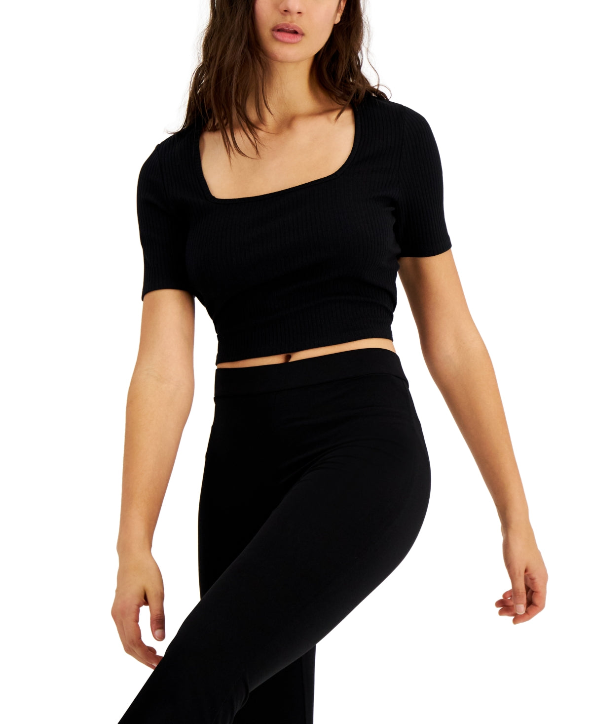 Blusa feminina Bar III com decote quadrado canelado, preta, tamanho grande