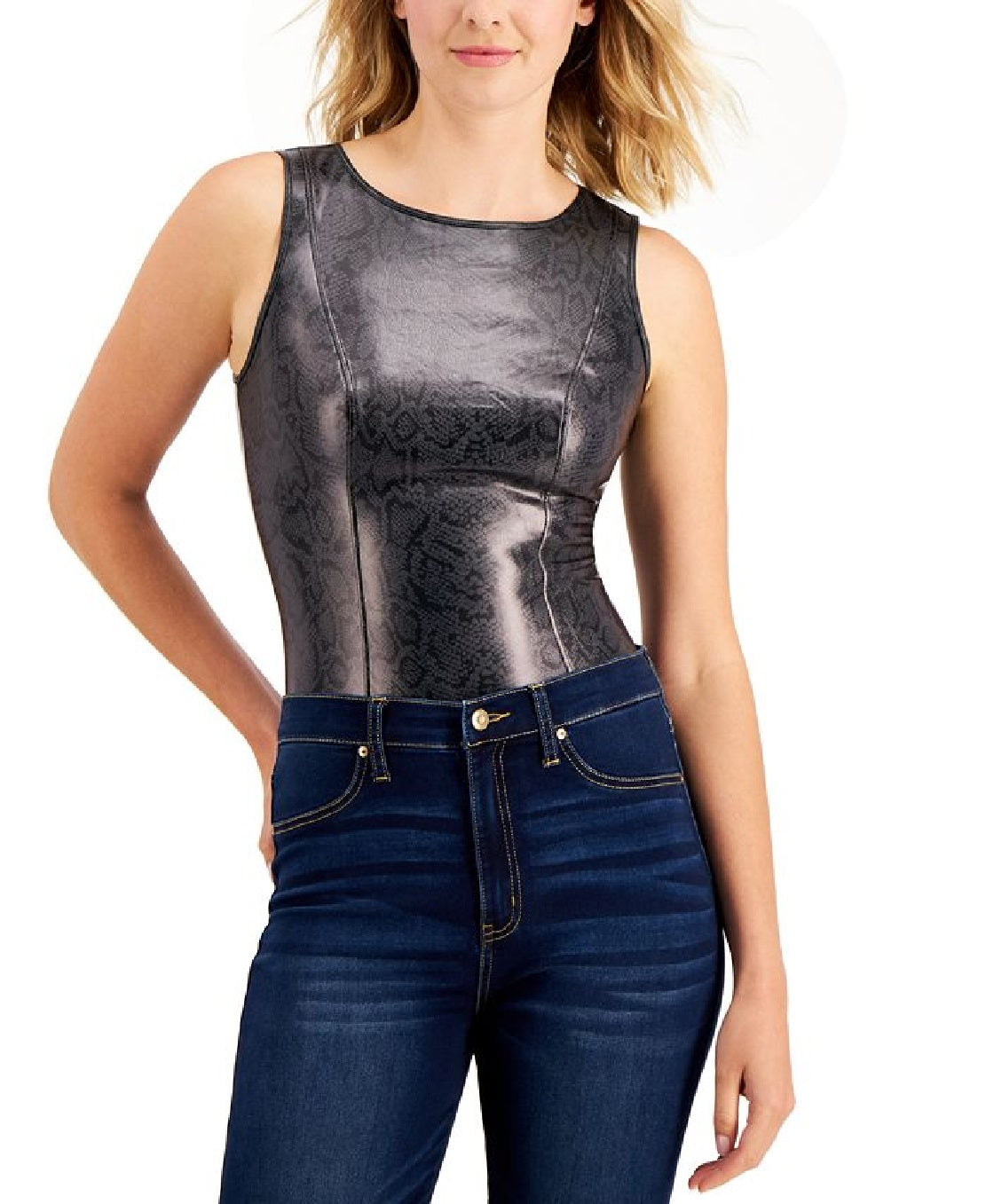 INC International Concepts Body Feminino de Couro Sintético com Estampa de Cobra Preto Tamanho X-G