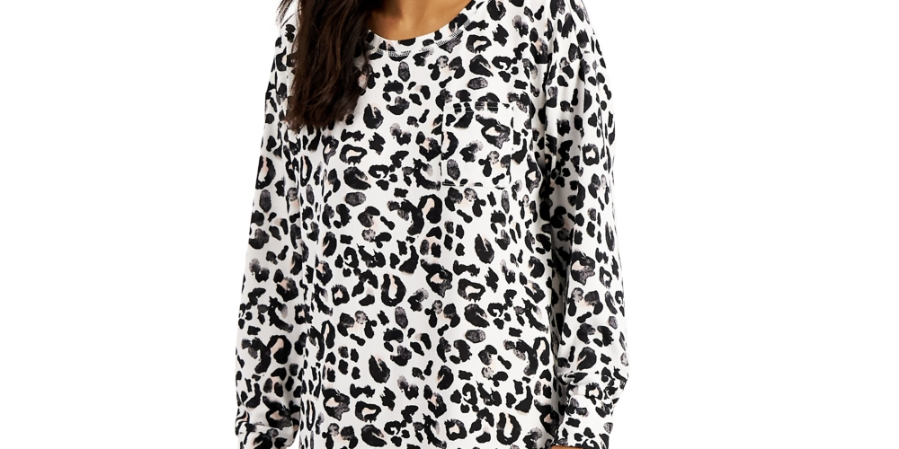 Camisa de dormir feminina Jenni em malha macia estampada, preta, tamanho pequeno