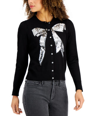 Charter Club Women's Sequined Bow Button Cardigan Black Size Medium
