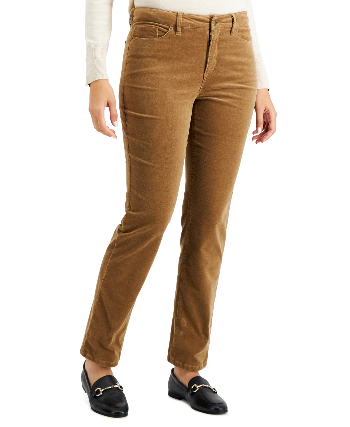 Calça jeans feminina Charter Club Lexington Tummy Control de veludo cotelê marrom tamanho 16
