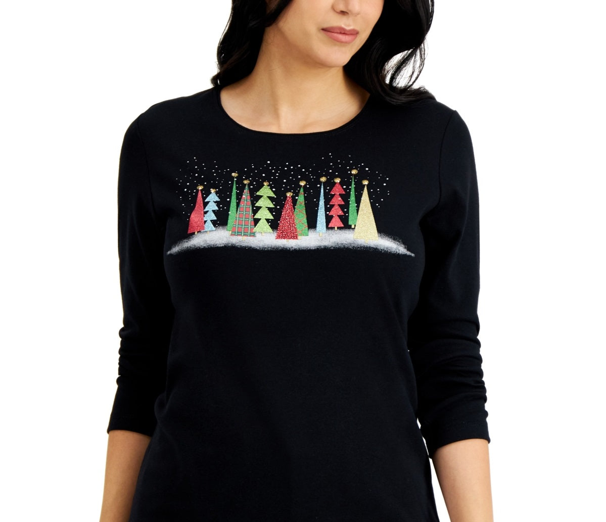 Blusa feminina Karen Scott com estampa gráfica para o feriado, preta, tamanho pequeno e grande