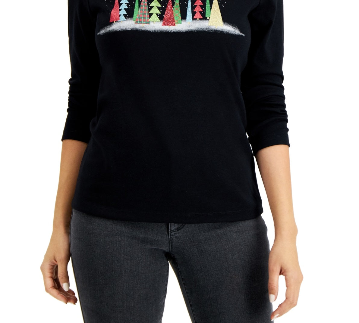 Blusa feminina Karen Scott com estampa gráfica para o feriado, preta, tamanho pequeno e grande