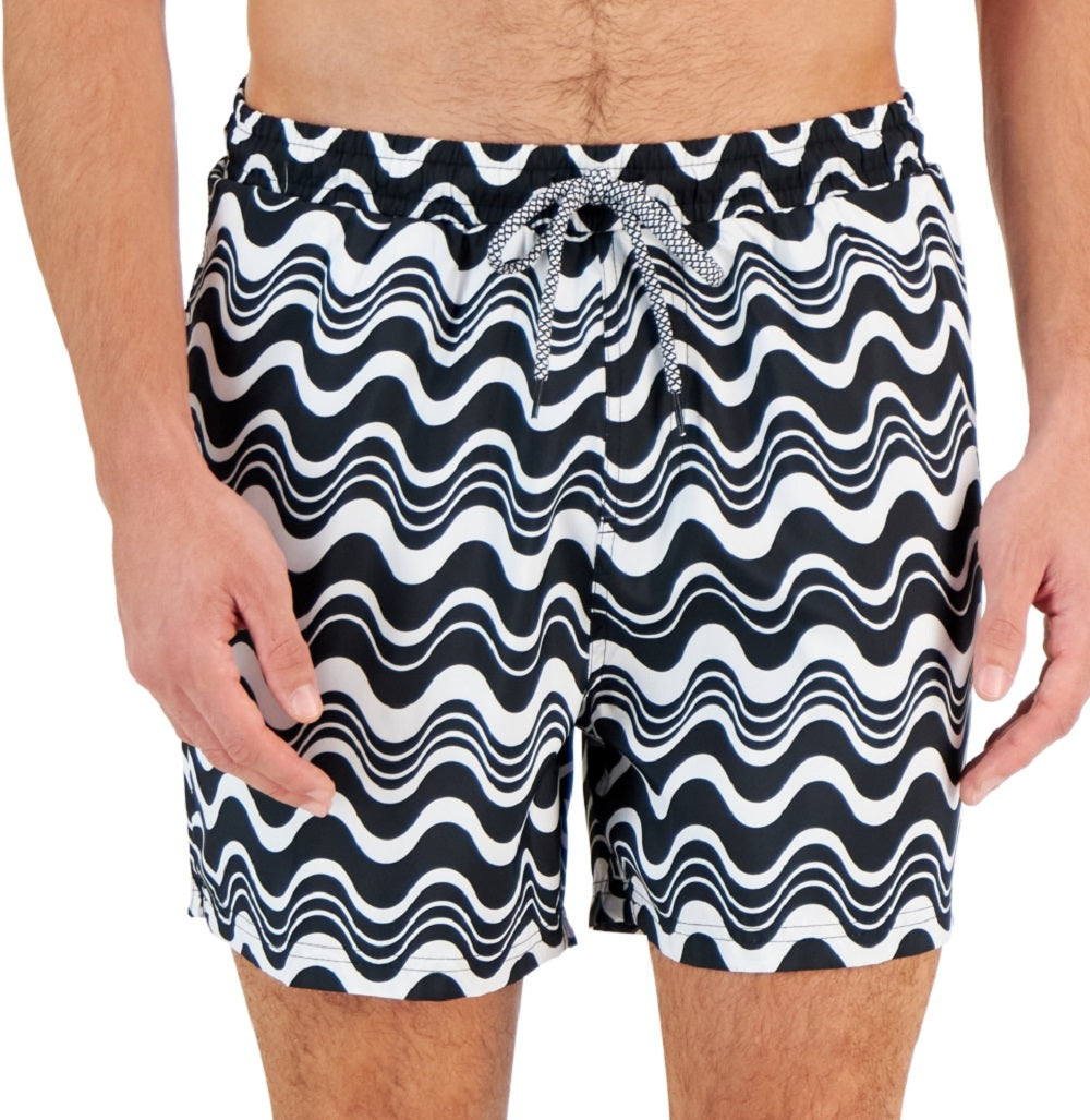 Calções de banho masculinos com estampa de ondas INC International Concepts, pretos, tamanho extragrande