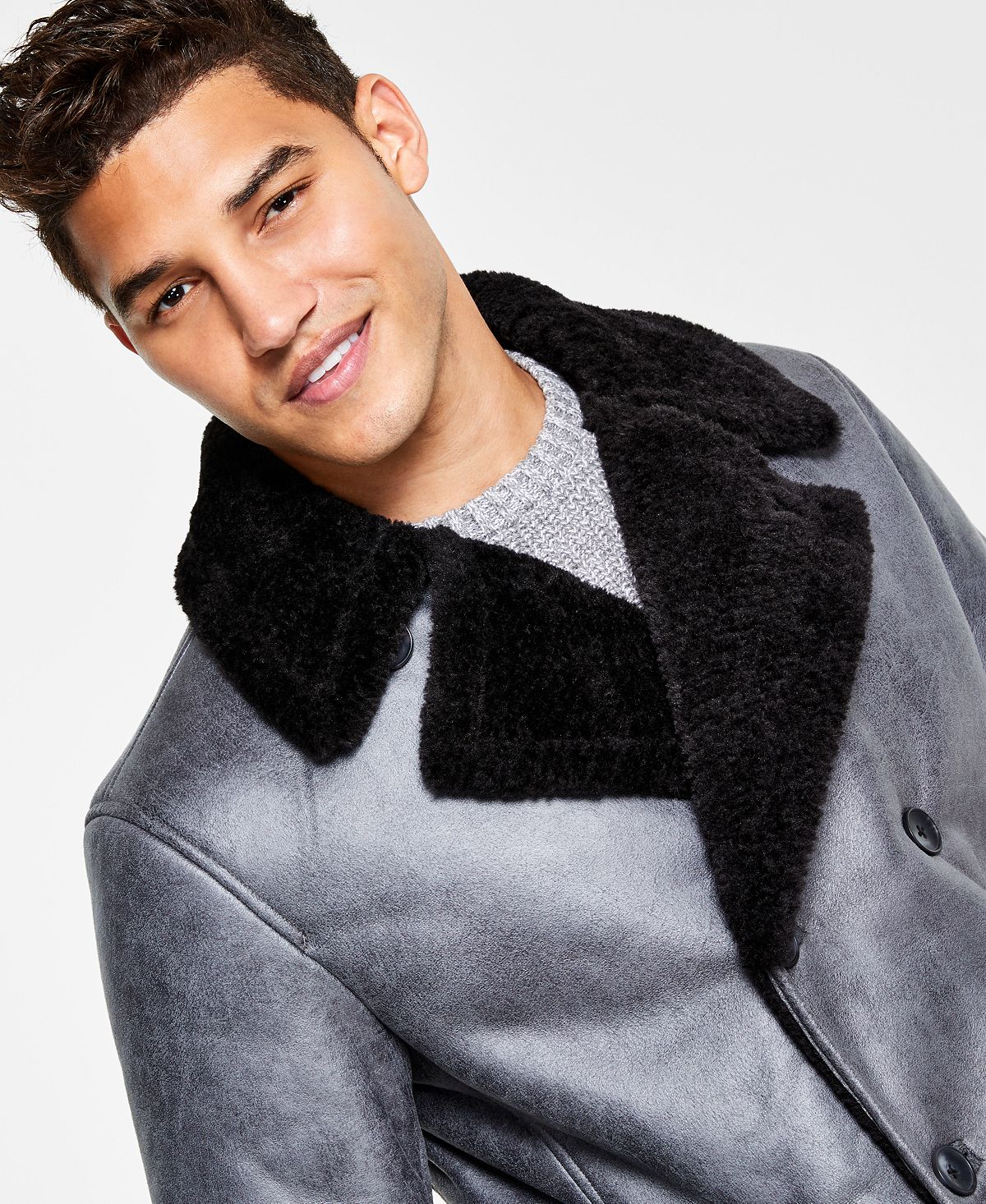 INC International Concepts Casaco masculino de couro sintético com acabamento em pele sintética, cinza, tamanho pequeno