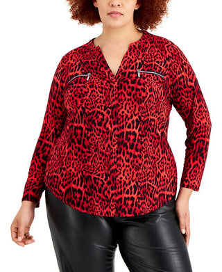 Camisa feminina com estampa animal e bolso com zíper INC International Concepts, vermelha, tamanho 2X