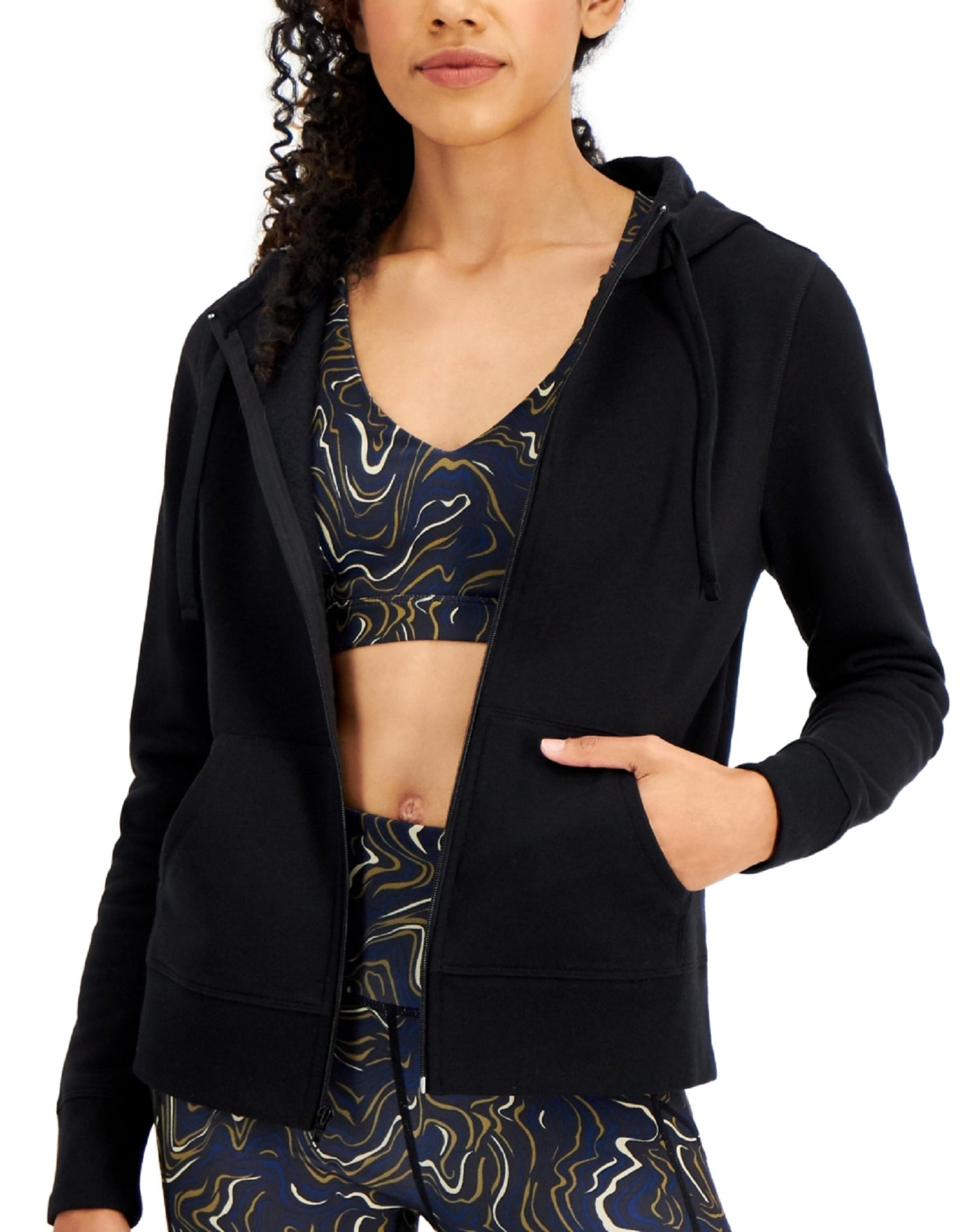 Id Ideology Moletom com capuz feminino de lã com zíper frontal, preto, tamanho X-S