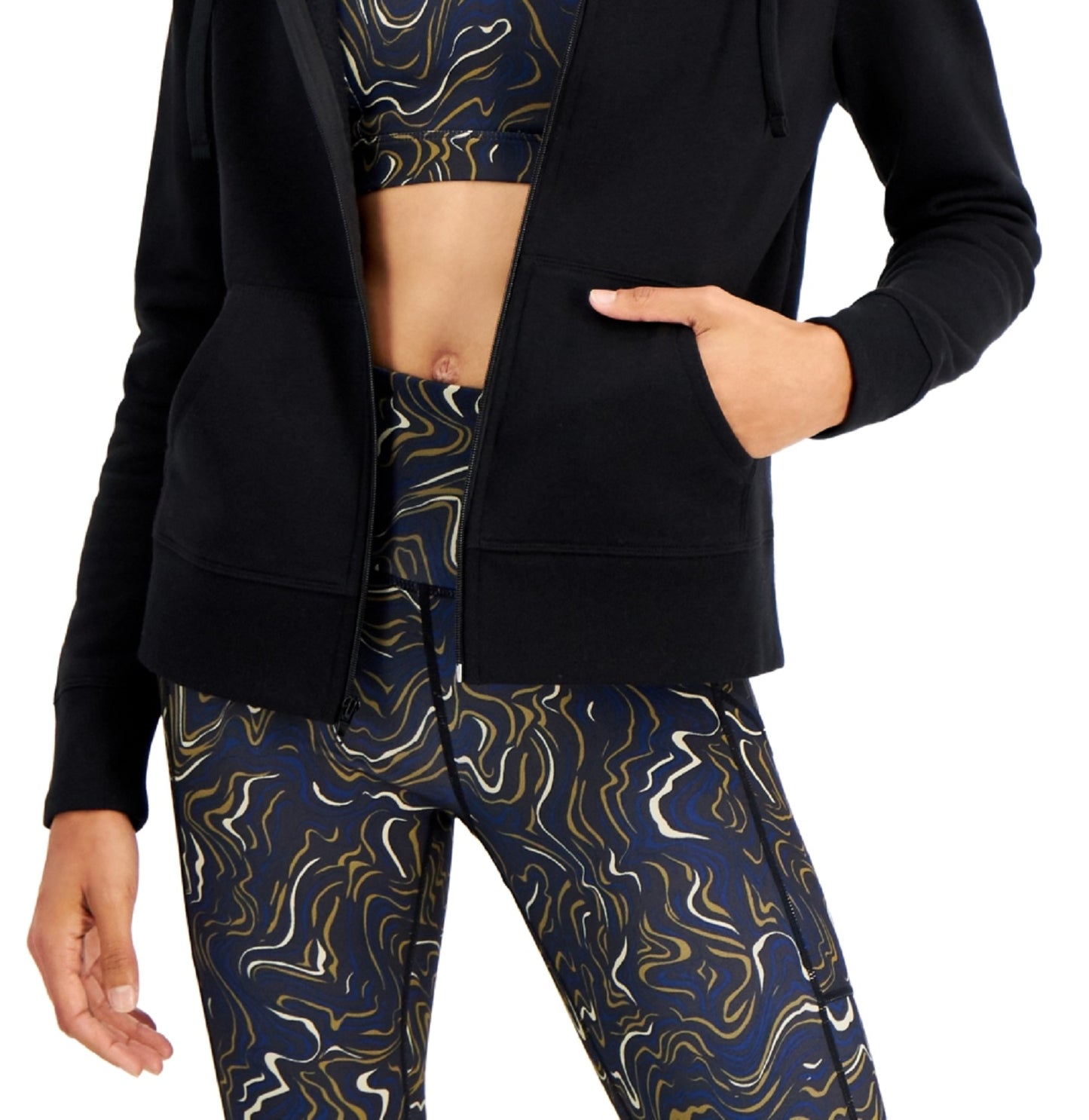 Id Ideology Moletom com capuz feminino de lã com zíper frontal, preto, tamanho X-S