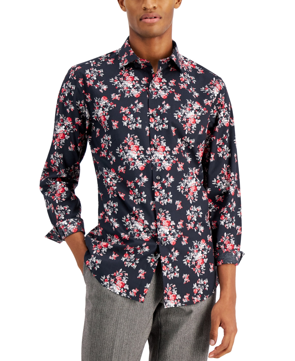Camisa social masculina Bar III Slim Fit Performance Stretch com estampa floral, vermelha, tamanho pequeno