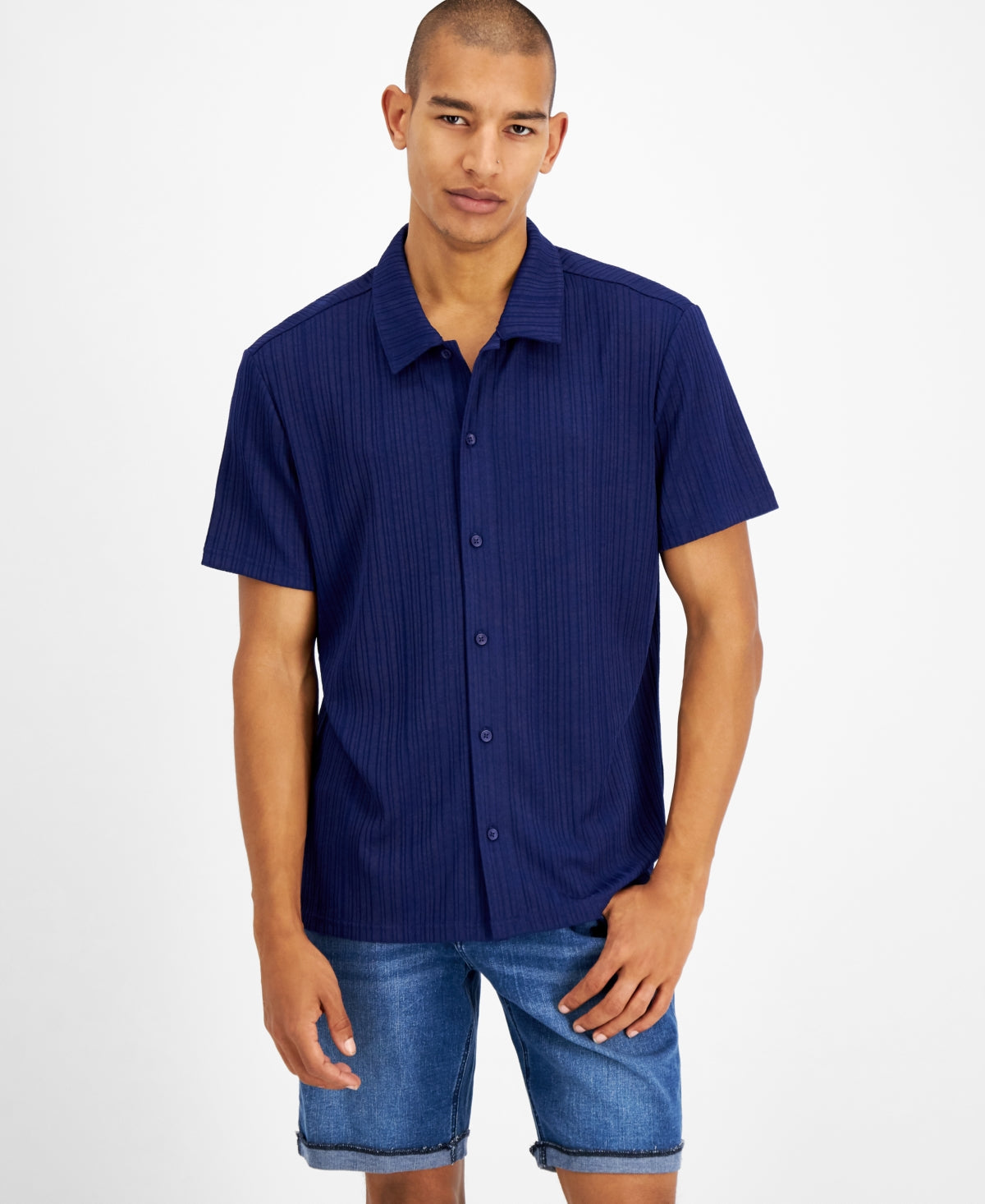 Camisa masculina de manga curta com botões e malha canelada da INC International Concepts, azul, tamanho médio