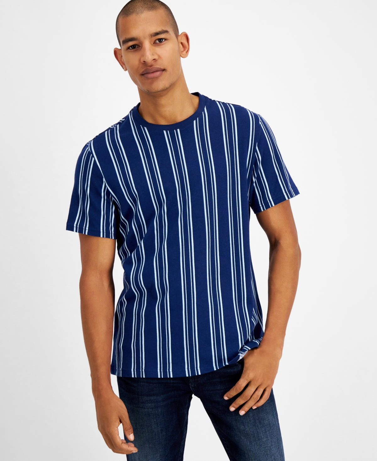 Camiseta masculina listrada de gola redonda da INC International Concepts, azul, tamanho grande