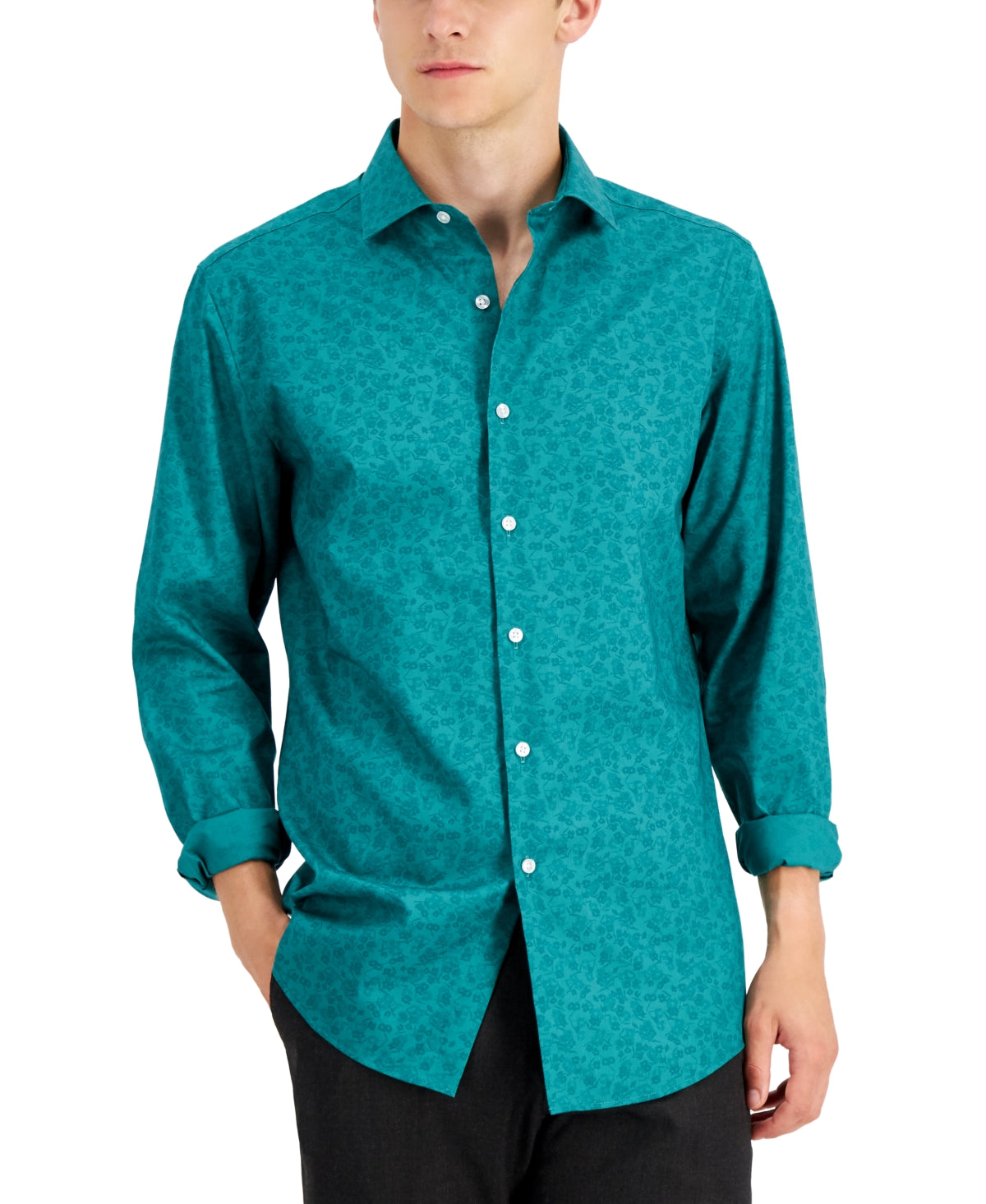 Camisa social masculina Bar III Slim Flit Floral Stretch, verde, tamanho pequeno