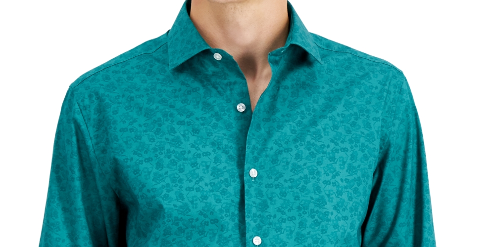 Camisa social masculina Bar III Slim Flit Floral Stretch, verde, tamanho pequeno
