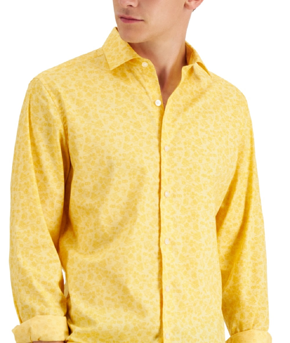 Camisa social masculina Bar III Slim Flit Floral Stretch, amarela, tamanho médio