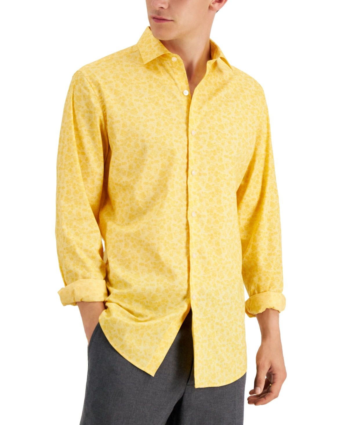 Camisa social masculina Bar III Slim Flit Floral Stretch, amarela, tamanho médio