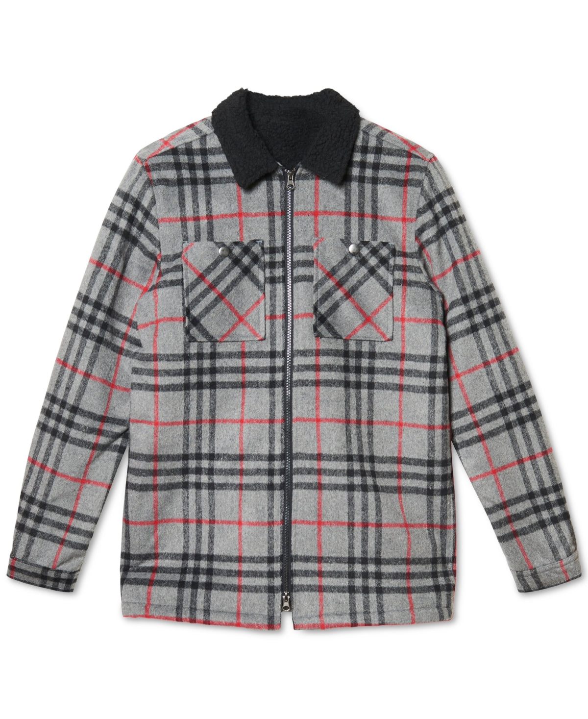 Camisa masculina Versace Liam Plaid com forro de lã e zíper completo, cinza, tamanho P/M