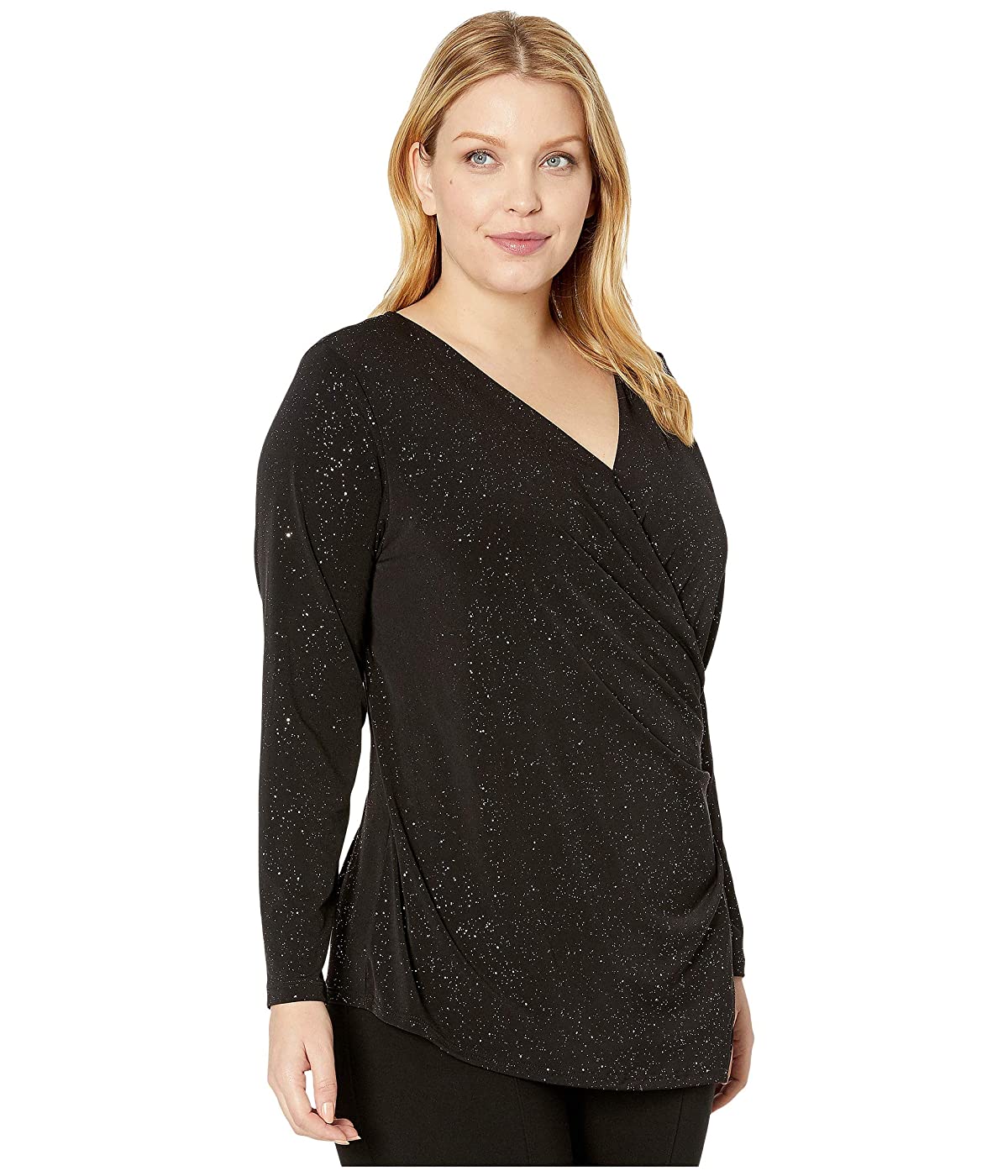 Karen Kane Blusa feminina de malha brilhante, preta, tamanho 2X