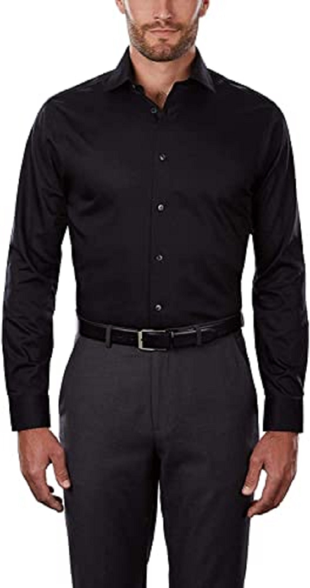 Camisa social masculina Calvin Klein Classic Fit, sem passar roupa, com gola aberta e espinha de peixe, preta, tamanho 16,5 x 32 x 33