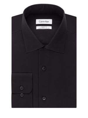 Camisa social masculina Calvin Klein Classic Fit, sem passar roupa, com gola aberta e espinha de peixe, preta, tamanho 16,5 x 32 x 33